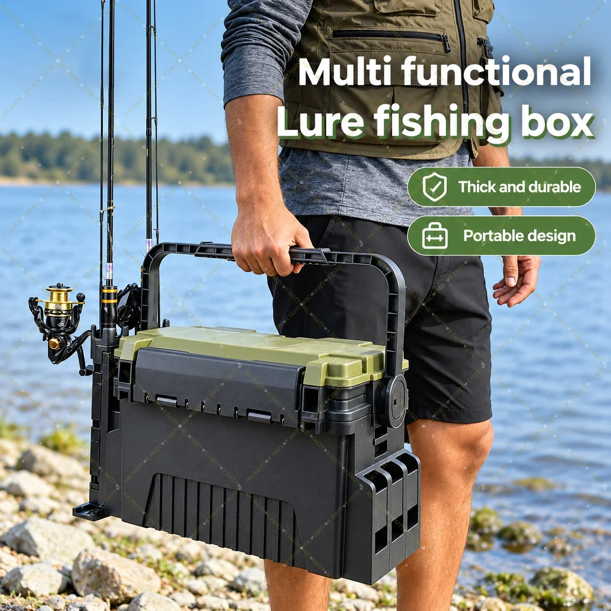 Fishing Kayak Crate - 大容量の釣り道具箱。2層構造でルアーを収納でき、ロッドホルダー付き。頑丈で持ち運び可能な釣り道具箱。